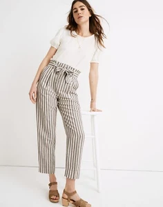 Madewell 8 Striped Linen Blend Paperbag Pants Taupe White Tie Waist Cropped - Picture 1 of 16