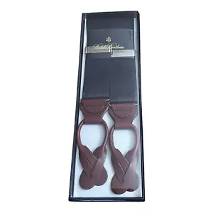 BROOKS BROTHERS Navy Blue Nylon & Mahogany Leather Suspenders/Braces New in Box - Picture 1 of 7