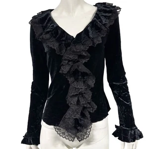 Vtg Y2K 90s Rampage Velvet Ruffle Knit Victorian Goth Top Black Womens M Medium - Picture 1 of 7