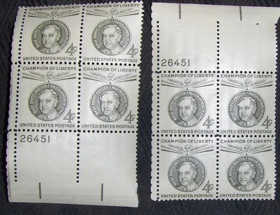 US 4¢ stamp SC #1136 E. Reuter, Mayor of Berlin MNH 1959 2 matching plate blocks - Image 1 of 2