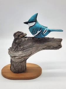 Hand Carved Wooden Blue Jay Bird Folk Art on Driftwood by William Cabrera - Picture 1 of 14