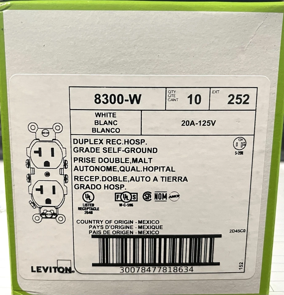 CAJA DE 10 - Receptáculo dúplex Leviton 8300-W 20A-125V **ENVÍO GRATUITO** Foto 1 de 1