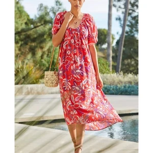 Anthropologie Sundry Red & Purple Floral Cotton Puff Sleeve Midi Dress Size XS 0 - Bild 1 von 8