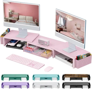 Dual Monitor Ständer Setzstufen, Schreibtisch Organizer mit Schublade und 2 Stifthaltern, Rosa - Bild 1 von 12