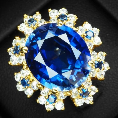 24K Gold 925 Sterling Silver Rings Magnificent Royal Blue Sapphire Oval 9.35Ct Foto 1 de 4