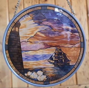 Vintage Stain Glass Suncatcher Ocean/Yacht/Lighthouse 6 inch Decorative - Picture 1 of 3