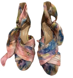 Jessica Simpson 8 Medium Tie Dye Sandals 3" Block Heel Satin Ankle Ties - Picture 1 of 7
