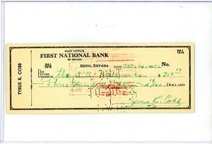 TY COBB ASSEGNO FIRMATO JSA FULL SIZE LETTERA DI AUTENTICITÀ INCHIOSTRO VERDE - Foto 1 di 3