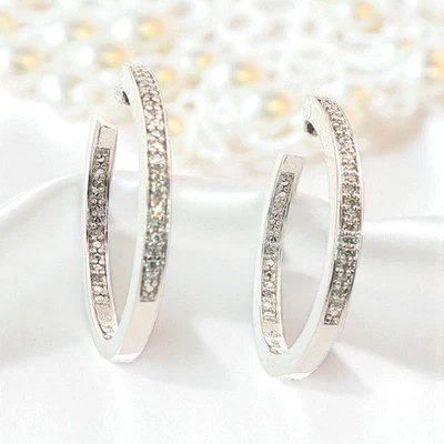 925银环状耳环带天然圆形钻石1英寸直径 — 第 1/4 张图片