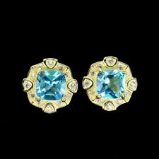 NATURAL Swiss Blue TOPAZ & White CZ Cushion 925 Sterling Silver Earrings 6.0mm