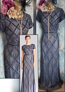 Adrianna papell lace navy Blue 20s Deco beaded Occasion Wedding Prom dress 8 10