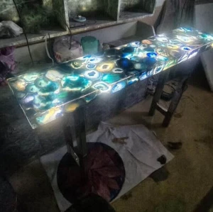 Blue Agate Gemstone Countertop Dining Table Agate Console Bar Coffee Table Decor - Picture 1 of 8
