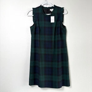 J Crew Tartan Plaid Dress Petite 10 10 P Green Blue Ruffle Collar Sleeveless NWT - Picture 1 of 10