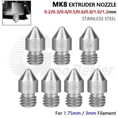0.2-1.2mm MK8 Stainless Steel Extruder Nozzle M6 3D Printer CR-10 Anet 1.75mm3mm - Image 1 of 4