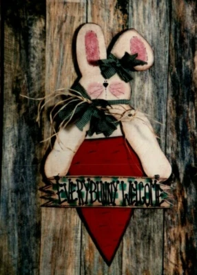 Everybunny Welcome Pattern Wood & Cloth Primitive Cottage Country - Image 1 of 3