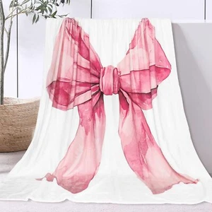 Pink Bow Blanket Watercolor Bow Throw Blanket Pink Bow Cozy Fluffy Blanket fo... - Picture 1 of 7