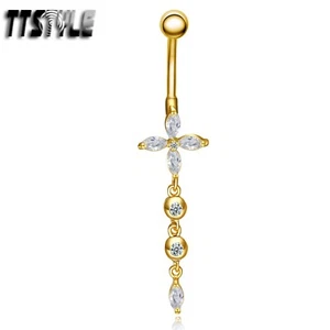 TTstyle 18K Gold GP Clear CZ Dangle Belly Button Ring - Picture 1 of 1