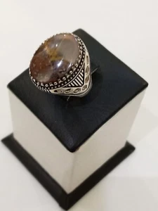 Men's 925 Silver Ring Natural Yemeni Agate,Amazing Aqeeq Gift,عقيق طحلبي نادر - Picture 1 of 10