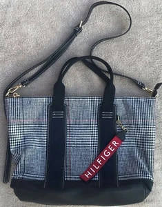 Tommy Hilfiger Fabric Handbag Large Purse Bag Tote, Navy Blue Glen Plaid - Picture 1 of 8