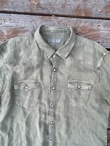 Lucky Brand XL Mens Classic Fit Shirt 100% Linen Pearl Snap Green