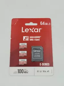New Lexar 64GB MicroSDXC UHS-I Card 3-Pack with SD Adapter E-Series V30 A1 - Picture 1 of 2