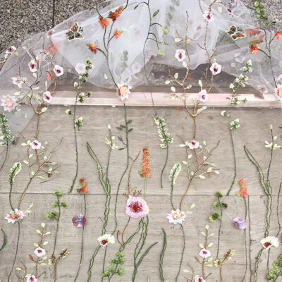 Green Flower Embroidery Lace Fabric DIY Wedding Dress Bridal Veil Tutu Skirt - Image 1 of 4