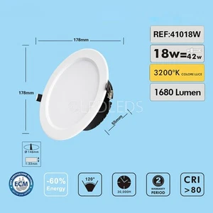 FARETTO LED PANNELLO INCASSO ROTONDO 18W FORO 14,6 CM LUCE CALDA 3200K 220V - Foto 1 di 1