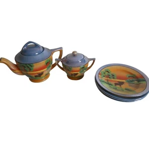 Vintage 1930s Tea serving set Pot Sugar Plates Moose Motif Japan handpainted - Picture 1 of 16