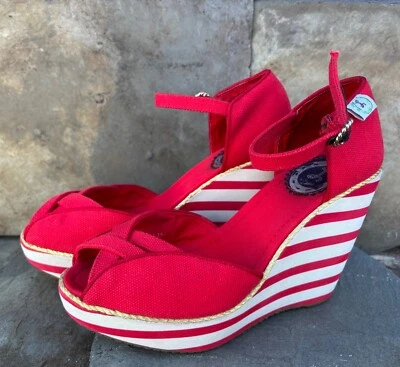 Sandalias de lona MISS L FIRE (37/6,5) plataforma cuña náutica peep-toe pin-up rojas Foto 1 de 4