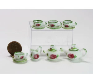 SaLe!!! Dollhouse Miniature Lovely Pink Rose Tea Set with Green Trim - Picture 1 of 1