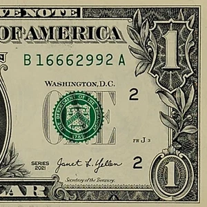 Trip 6s Pairs 2s 9s Fancy Serial Number One Dollar Bill B16662992A FW 2021 Crisp - Picture 1 of 8