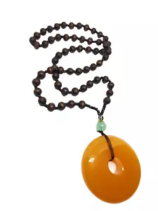 Carnelian Orgone Pendant Necklace Donut Glass Wood Beads 24" Mala Statement - Picture 1 of 12