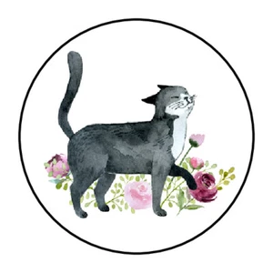 48 CAT FLOWERS ENVELOPE SEALS LABELS STICKERS 1.2" ROUND - Picture 1 of 1