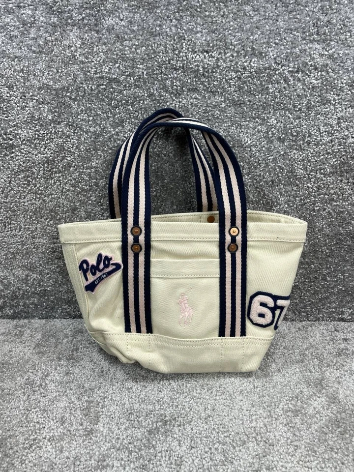 Bolso de Mano Rosa Pony Ralph Lauren Patchwork Blanco Algodón Doble Asa Correa Foto 1 de 4