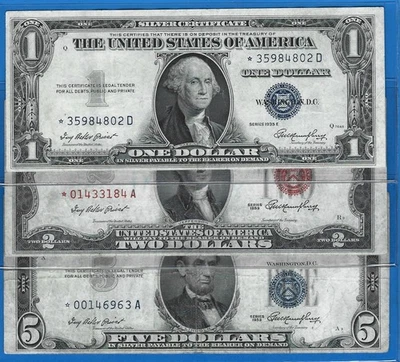 1935E/53B/53 $1 S/C, $2 USN, $5 SC, 3) *Raro* Notas estrella, sello azul/rojo, en estado bastante bueno, ¡bonito! Foto 1 de 3