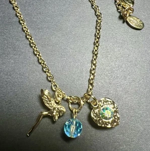 KIRKS FOLLY GOLDFARBENE FEENHALSKETTE MIT BLAUEM KRISTALL, 15 ZOLL, SIGNIERT - Bild 1 von 8