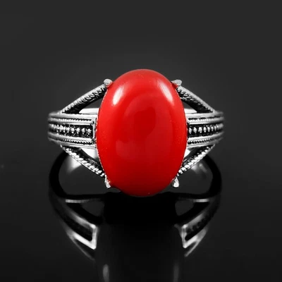 925 Sterling Silver Oval Red Coral Gemstone Handmade Jewelry Ring (US All Size) - Image 1 of 3