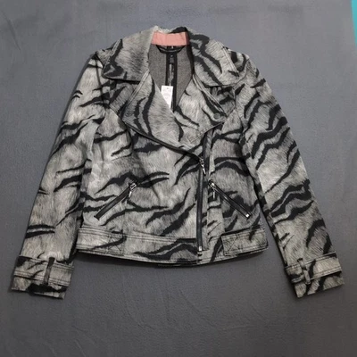 WHBM 女式 4P 黑色老虎印花全拉链短摩托牛仔夹克全新带标签 — 第 1/4 张图片