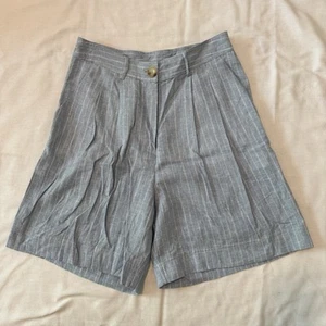 New OLIVACEOUS Small Blue Stripe Linen Blend Bermuda SHORTS Modest Coastal Beach - Picture 1 of 7