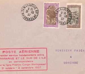 MADAGASCAR Air Mail Cover FIRST FLIGHT Tananarive Morombe 1937 France Cols XH100 - Picture 1 of 10