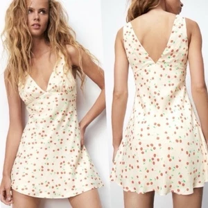 Zara Cherry Print Sleeveless Satin Mini Dress Lined White Red Size XL - Picture 1 of 9