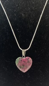 Ruby Zoisite Pink & Green Heart Stone Pendant Necklace Charm 925 Sterling Silver - Picture 1 of 8
