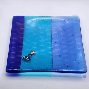 Fused Glass Aqua Fish Scale Iridescent Dichroic Dish Signed - Picture 1 of 8