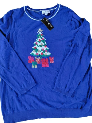 Kim Rogers Women's Christmas Tree Lightweight Sweater Size XL Blue MSRP $54 - Image 1 of 4