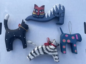 4er Set Holz Katze Volkskunst Ornamente schwarz ~ blau & weiß primitiv - Bild 1 von 8
