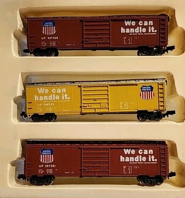 Con-Cor N Scale 50ft Box Car Union Pacific Set 3 Cars. "We Can Handle It" - Image 1 of 4