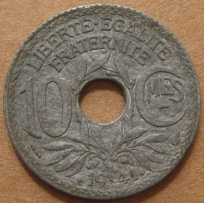 1941 France AU 10 Centimes - Liberte Egalite Fraternite - WWII Era Zinc Coin - Image 1 of 2