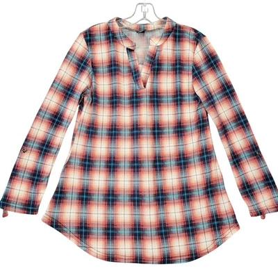 Lildy Pink Tunic Shirt Stretch Plaid Long Roll Tab Sleeves V-Neck Womens Size S - Image 1 of 4