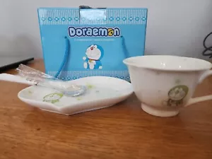 Doraemon Bells Japanese Soba Choko Ceramic Pottery Tea Cup, Spoon And Tray - Picture 1 of 13
