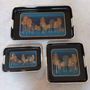 Vintage MCM Japan Lacquerware Black Nesting Trays Set of 3 80's Trees Blue Gold - Picture 1 of 13